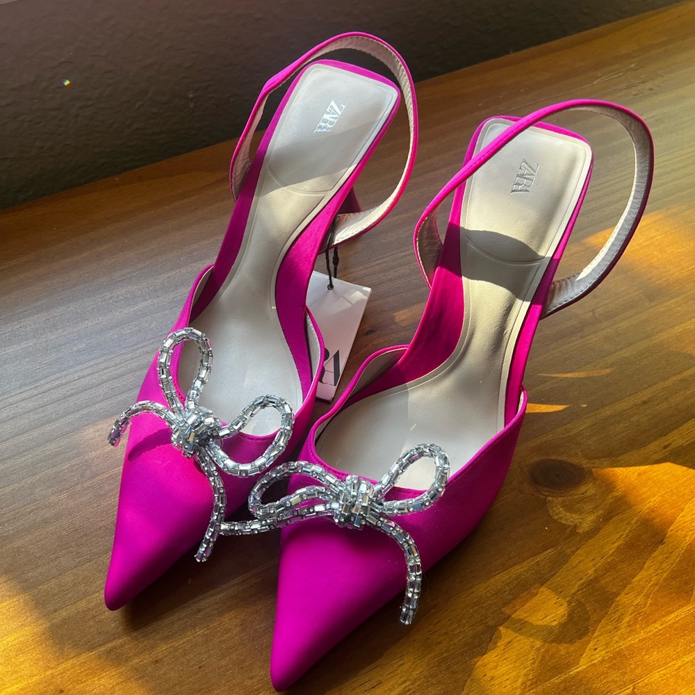 Zara Fuchsia Slingback Heels with Metallic Bow